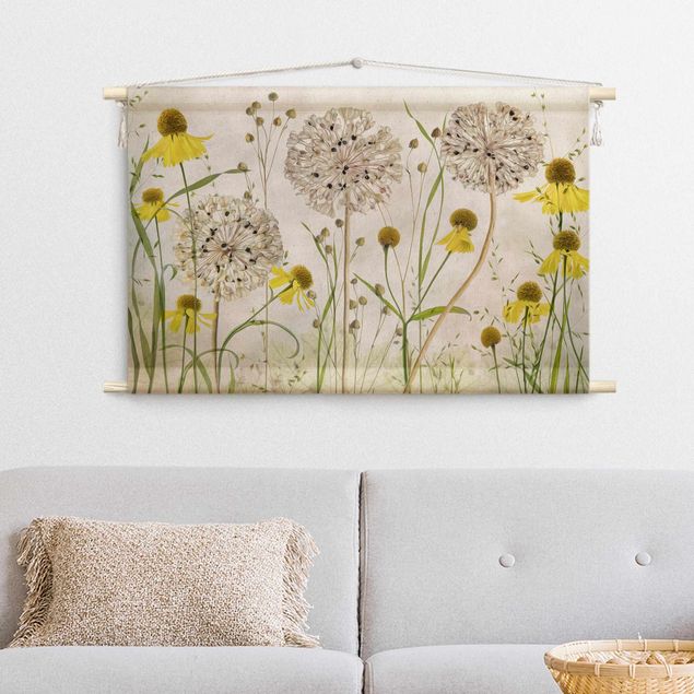 Wandbehang Stoffbild Allium und Helenium Illustration
