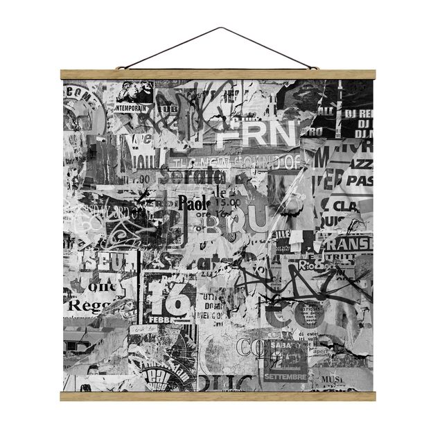 Stoffbild mit Posterleisten - Alte Plakatwand Schwarz-Weiß - Quadrat 1:1