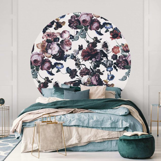 Romantische Schlafzimmer Tapete Altmeisterliche Blüten mit Tulpen und Rosen auf Weiß