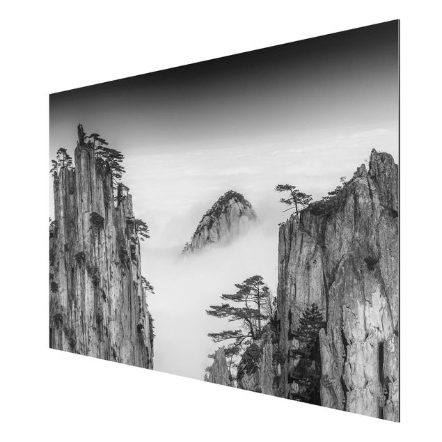 Aluminium Print - Felsen im Nebel schwarz-weiß - Querformat 2:3