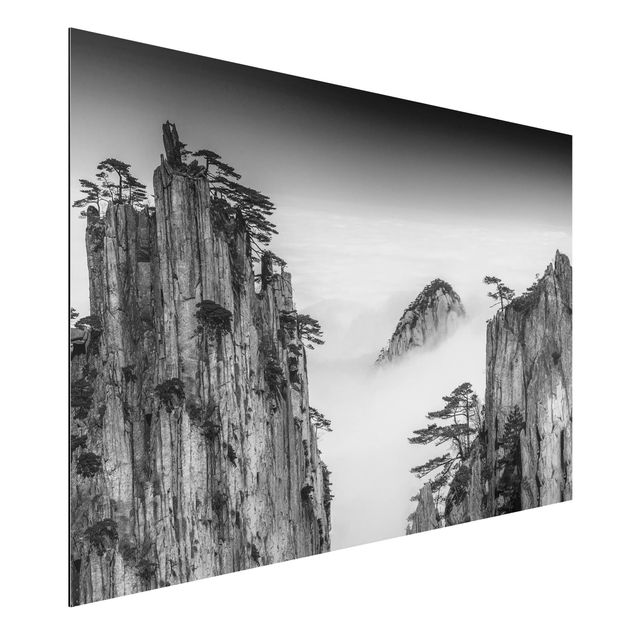 Foto auf Alu Dibond Felsen im Nebel schwarz-weiß
