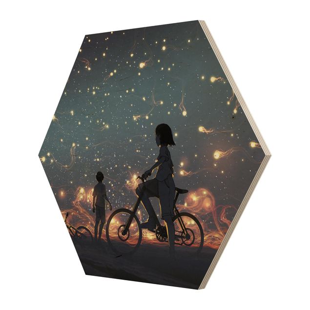 Hexagon-Holzbild - Anime Zeichnung Lichter auf dem Fahrrad