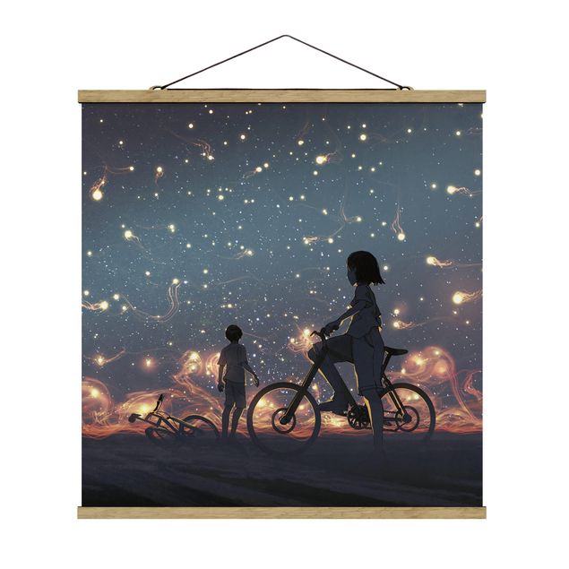 Stoffbild mit Posterleisten - Anime Zeichnung Lichter auf dem Fahrrad - Quadrat 1:1