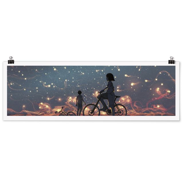 Poster - Anime Zeichnung Lichter auf dem Fahrrad - Panorama 3:1