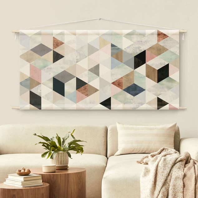 Wandteppich XXL Aquarell-Mosaik mit Dreiecken I
