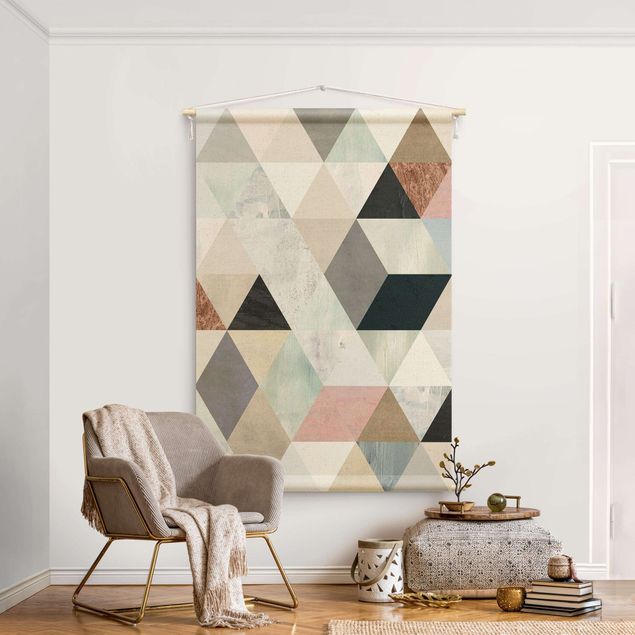 Wandteppich modern Aquarell-Mosaik mit Dreiecken I