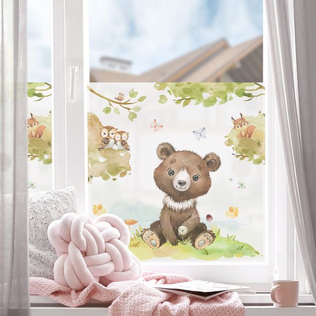 Fensterbild braun Aquarell Bär Eule und Eichhörnchen