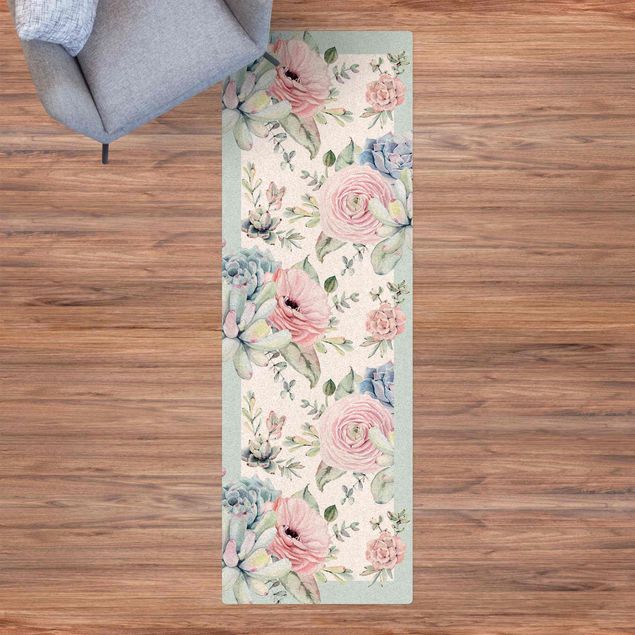 Teppiche Aquarell Blumenbouquet mit Sukkulenten und Rahmen