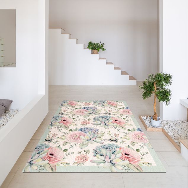 Moderner Teppich Aquarell Blumenbouquet mit Sukkulenten und Rahmen