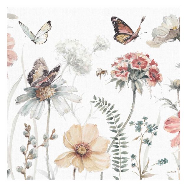 Fototapete Tiere Aquarell Blumenwiese mit Schmetterlingen