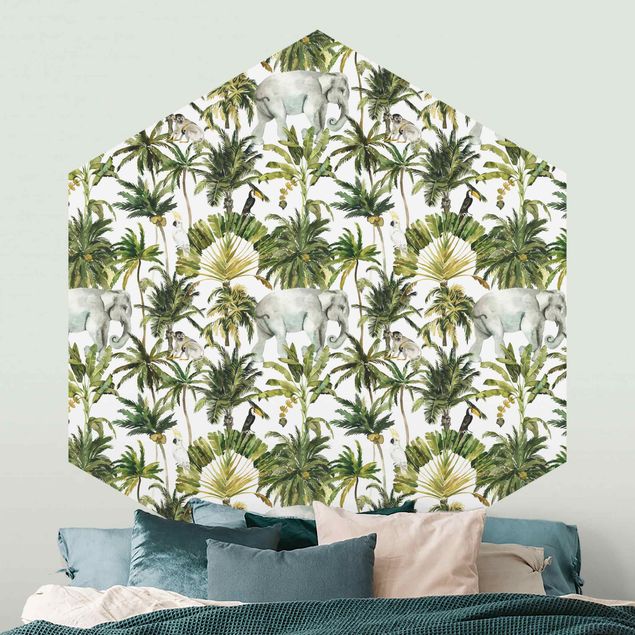 Hexagon Mustertapete selbstklebend - Aquarell Elefant und Palmen Muster