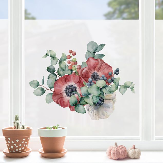 Fensterbilder selbstklebend Blumen Aquarell Eukalyptus Anemonen Bouquet