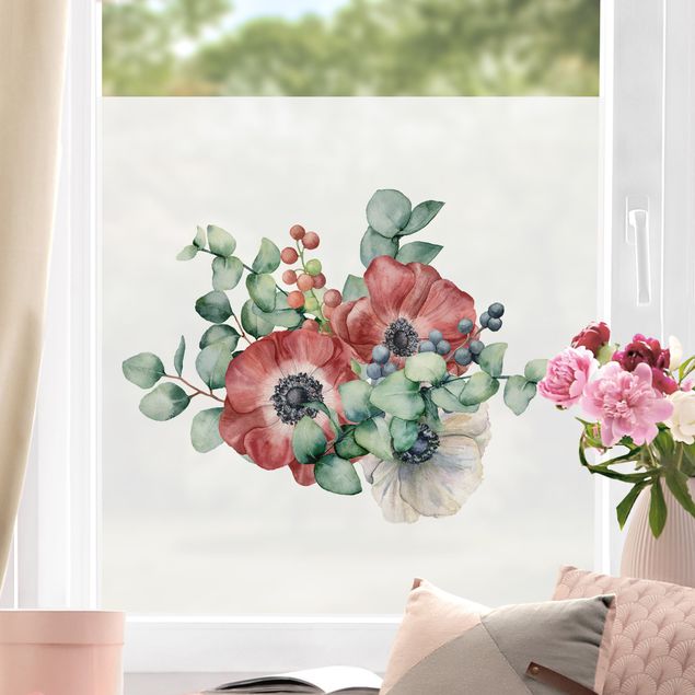 Frühling Fensterdeko Aquarell Eukalyptus Anemonen Bouquet