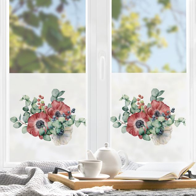 Fensterfolie Gräser Aquarell Eukalyptus Anemonen Bouquet