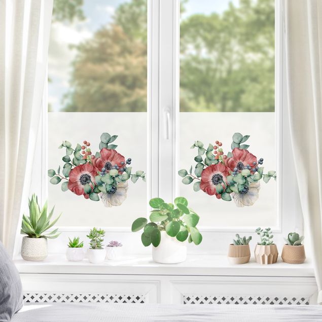 Fenstertattoo rot Aquarell Eukalyptus Anemonen Bouquet