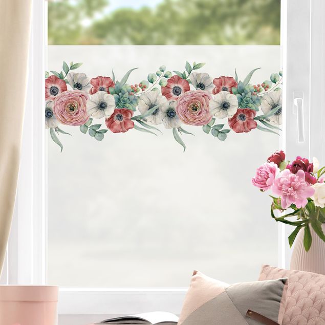 Fensterbilder selbstklebend Blumen Aquarell Eukalyptus Bordüre