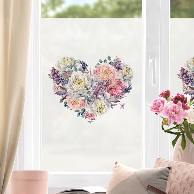 Fensterdeko Frühling Aquarell Herz Blüten Bouquet