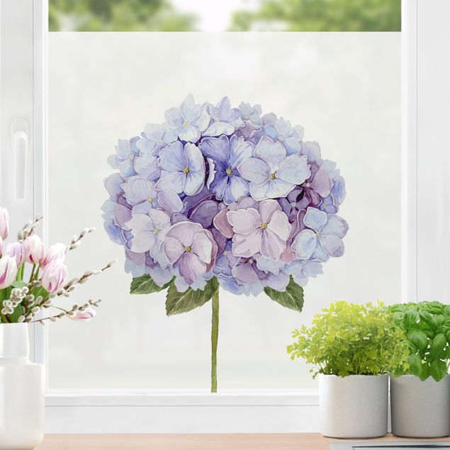 Fensterdeko Frühling Aquarell Hortensie Blaue Blüte XXL