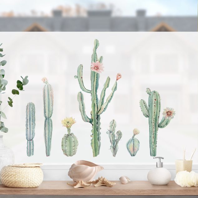 Fensterbilder Blumen Aquarell Kaktus Blüten