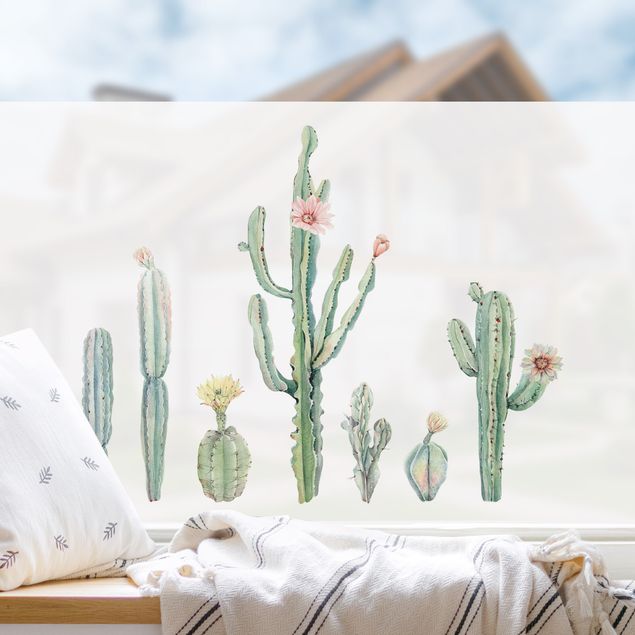 Fensterbilder Frühling Aquarell Kaktus Blüten