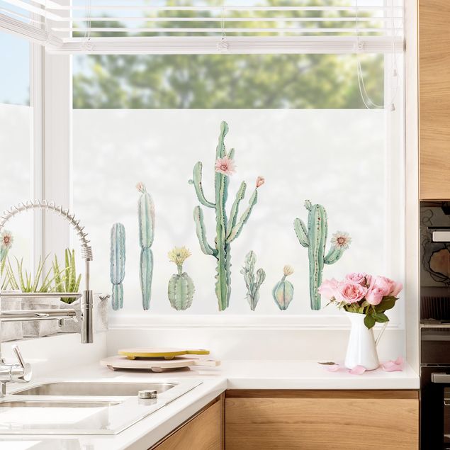 Fensterfolie Gräser Aquarell Kaktus Blüten