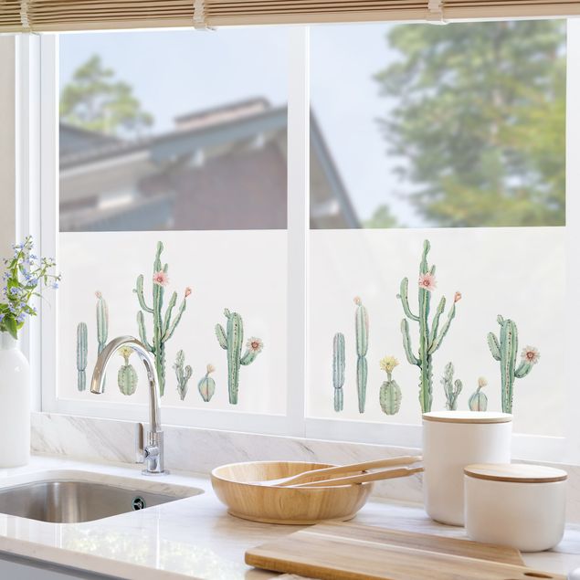 Fensterfolie Grün Aquarell Kaktus Blüten