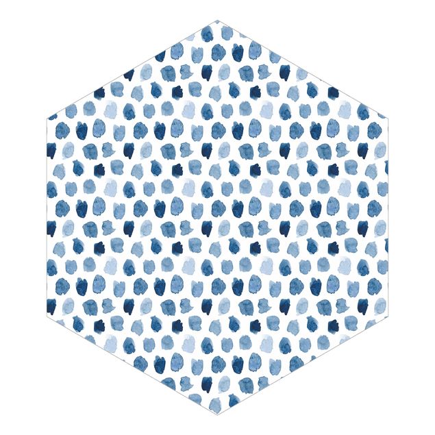 Hexagon Tapete Aquarell Kleckse in Indigo