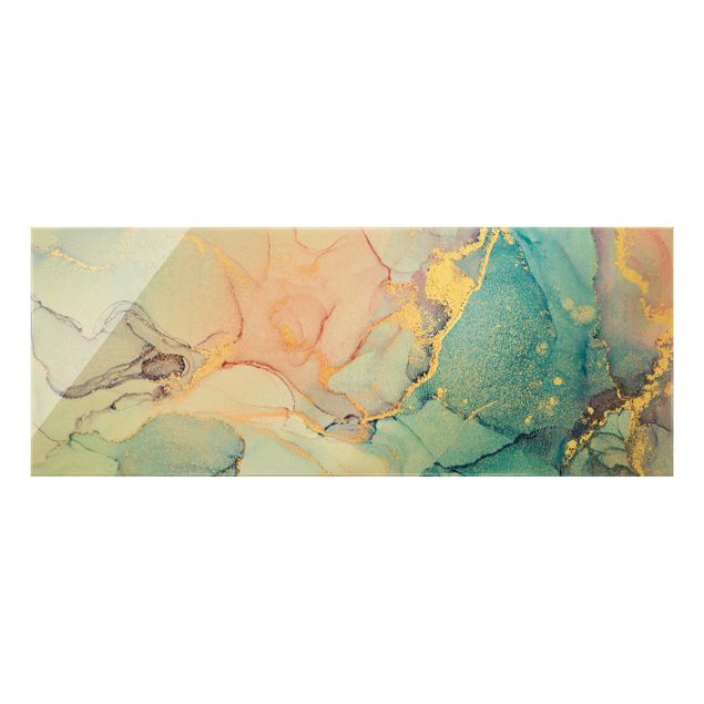 Glasbild - Aquarell Pastell Bunt mit Gold - Panorama 5:2