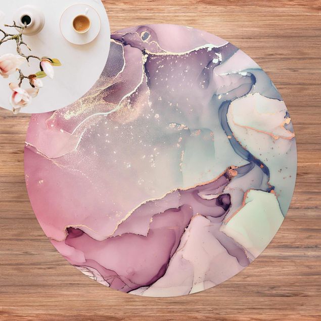 Runder Vinyl-Teppich - Aquarell Pastell Rosa mit Gold