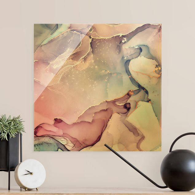 Schöne Wandbilder Aquarell Pastell Rosa mit Gold