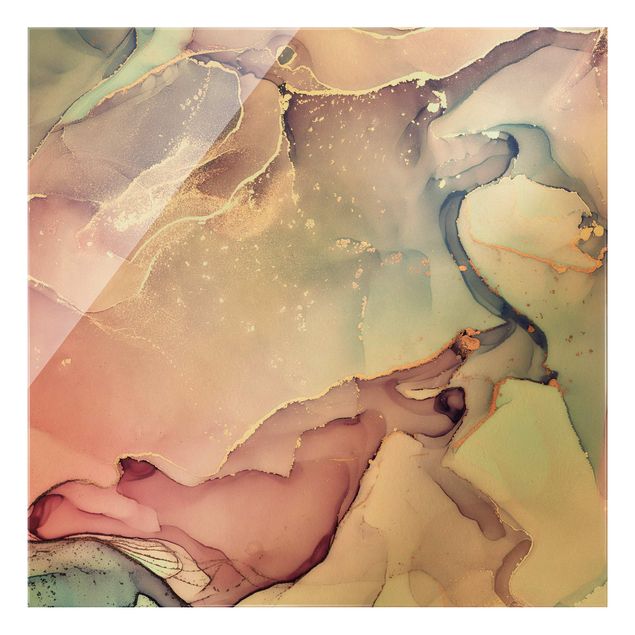 Glasbild - Aquarell Pastell Rosa mit Gold - Quadrat 1:1