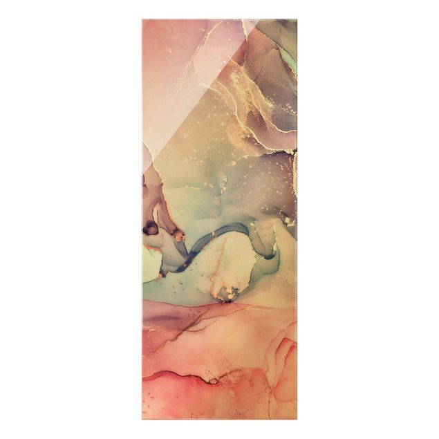 Glasbild - Aquarell Pastell Rosa mit Gold - Hochformat 2:5
