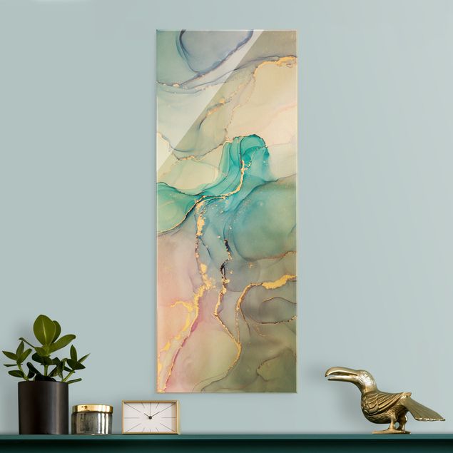 Bilder für die Wand Aquarell Pastell Türkis mit Gold