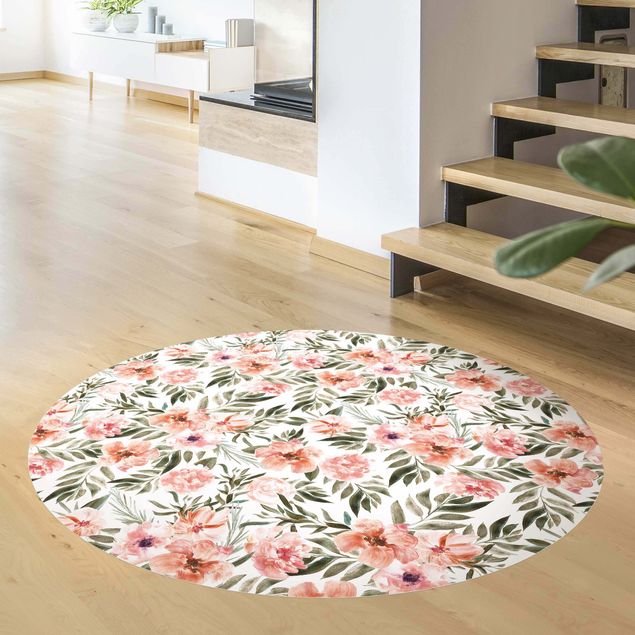 Moderner Teppich Aquarell Rosa Blüten vor Weiß