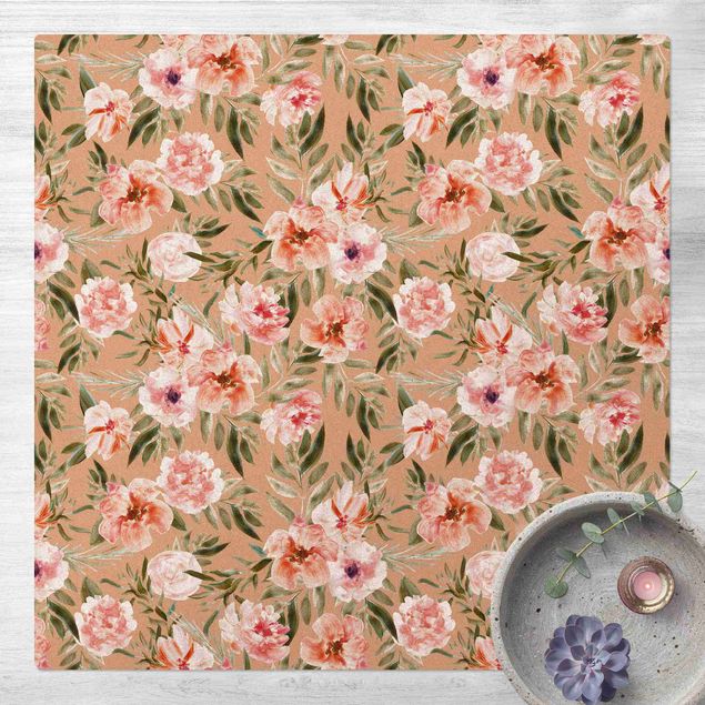 Teppiche Aquarell Rosa Blüten vor Weiß
