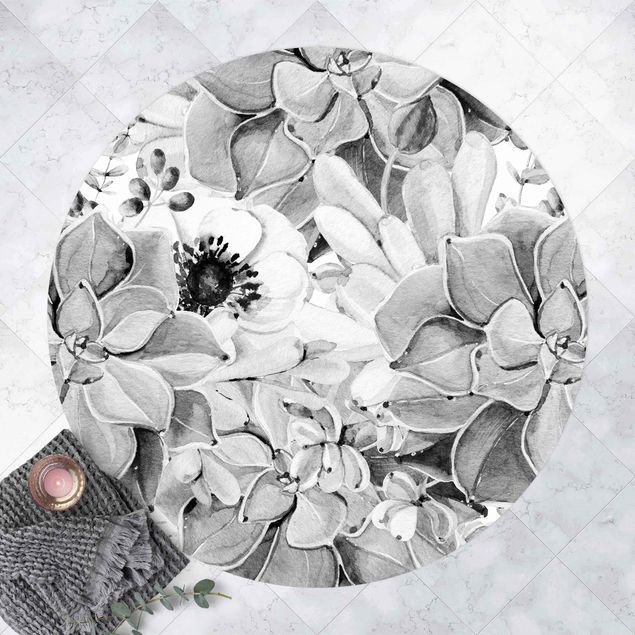 Teppiche Aquarell Sukkulente mit Blüte in Schwarz Weiß