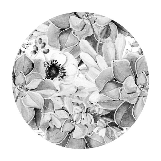 grosser Teppich Aquarell Sukkulente mit Blüte in Schwarz Weiß