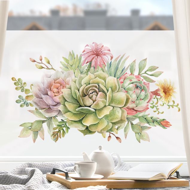 Fensterbilder Frühling Aquarell Sukkulenten Bouquet