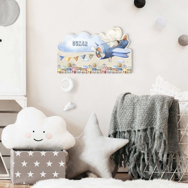 Wandgarderobe mit Tieren Kinderzimmer Aquarell Tierpilot Elefant mit Wunschname