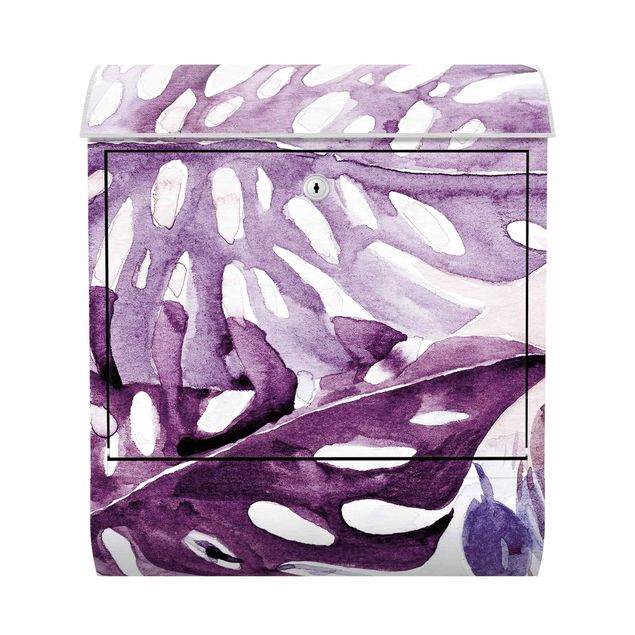 Briefkasten Design Aquarell Tropische Blätter mit Monstera in Aubergine