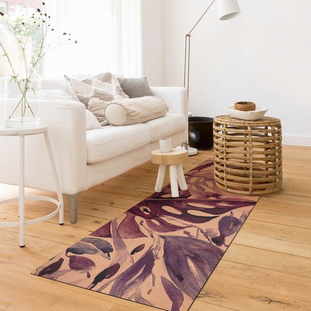 Teppich modern Aquarell Tropische Blätter mit Monstera in Aubergine