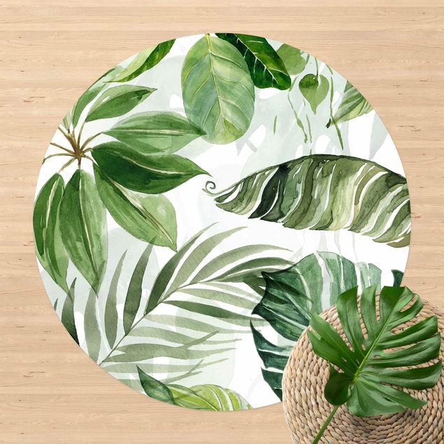 Runder Vinyl-Teppich - Aquarell Tropische Blätter und Ranken