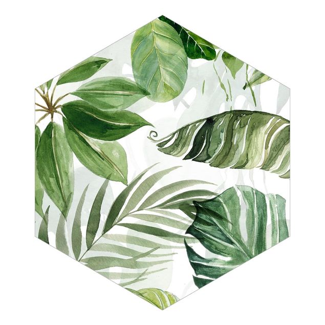Hexagon Tapete Aquarell Tropische Blätter und Ranken