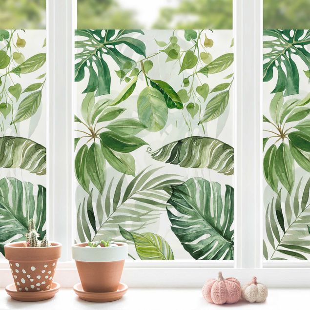Fensterbilder Blumen Aquarell Tropische Blätter und Ranken