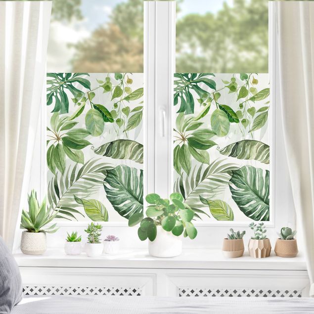 Fensterfolie Wohnzimmer Aquarell Tropische Blätter und Ranken