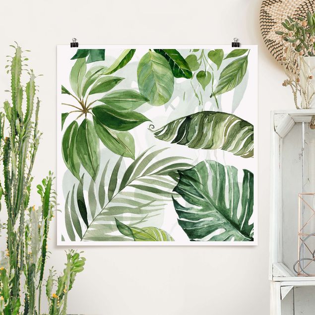 Poster Illustration Aquarell Tropische Blätter und Ranken