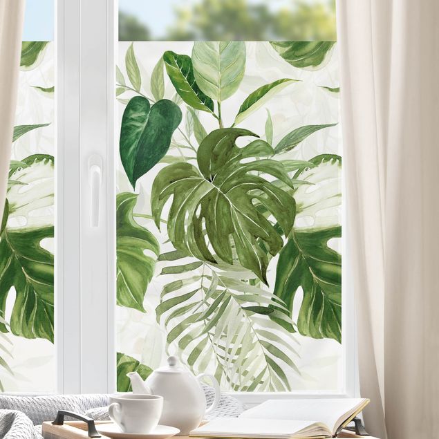 Fensterbilder selbstklebend Blumen Aquarell Tropisches Arrangement mit Monstera