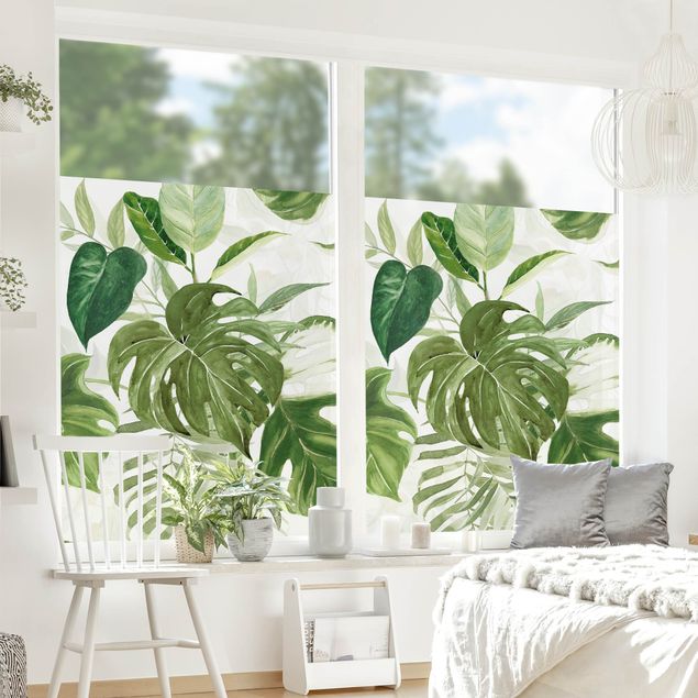 Fensterfolie Wohnzimmer Aquarell Tropisches Arrangement mit Monstera