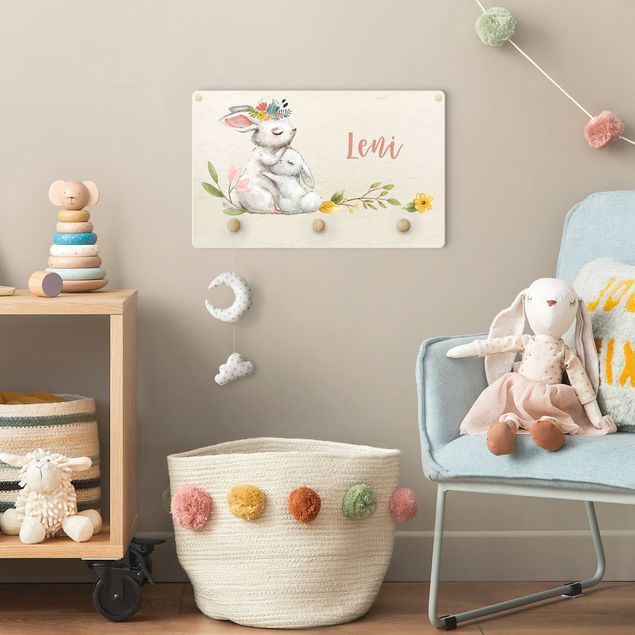Wandgarderobe mit Tieren Kinderzimmer Aquarell Waldtier Hasenfamilie mit Wunschname