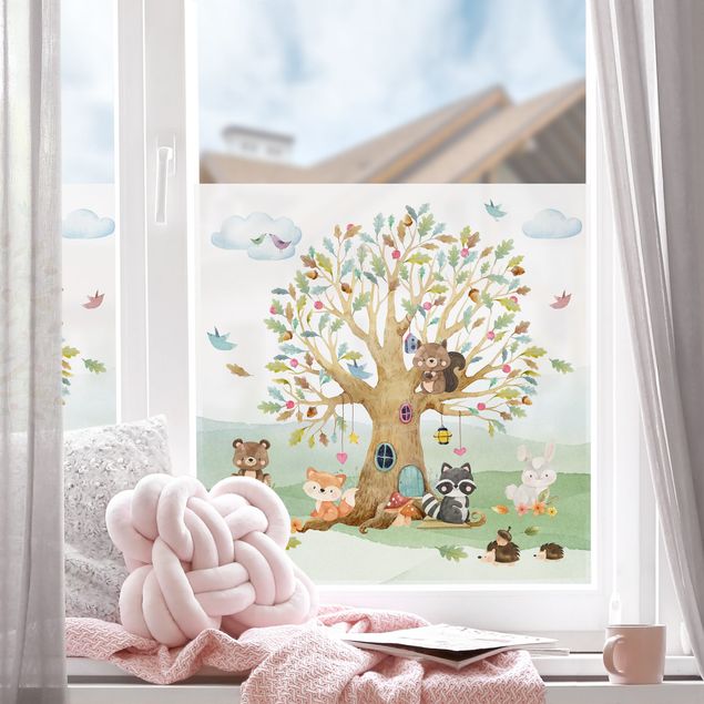 Fensterfolie Wohnzimmer Aquarell Waldtiere mit Baum